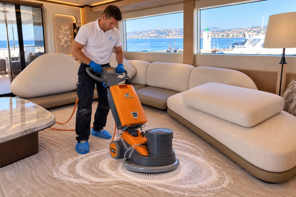 Générateur de mousse sèche TASKI pour le nettoyage de moquette de yacht