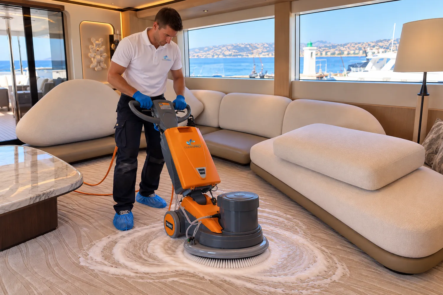 Générateur de mousse sèche TASKI pour le nettoyage de moquette de yacht