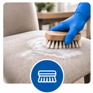 Brossage manuel de l'assise d'une chaise avec une brosse et de la mousse nettoyante