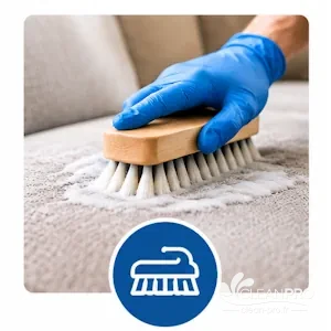 Brossage manuel d'un canapé en tissu avec une brosse professionnelle