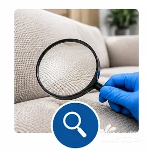 Inspection du tissu d'un canapé avec une loupe avant nettoyage professionnel à Cannes