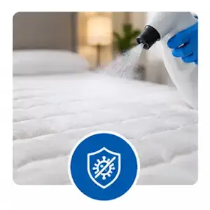 Application par pulvérisation d'un produit de traitement sur la surface d'un matelas