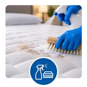 Application d'un détachant avec un spray et brossage manuel d'un matelas taché