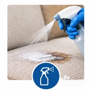 Application d'un produit détachant sur une tache de canapé en tissu
