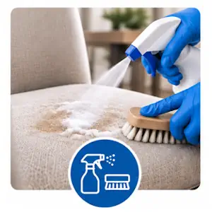 Application d'un détachant sur une chaise en tissu avec un pulvérisateur et une brosse