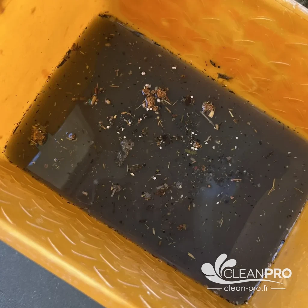 Eau sale et débris dans le réservoir de l’extracteur après le nettoyage d’une moquette à Cannes