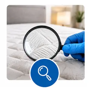 Inspection du tissu d'un matelas avec une loupe avant nettoyage professionnel