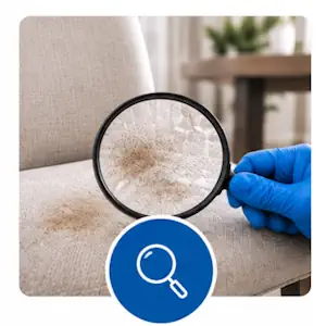 Inspection du revêtement d'une chaise en tissu avec une loupe