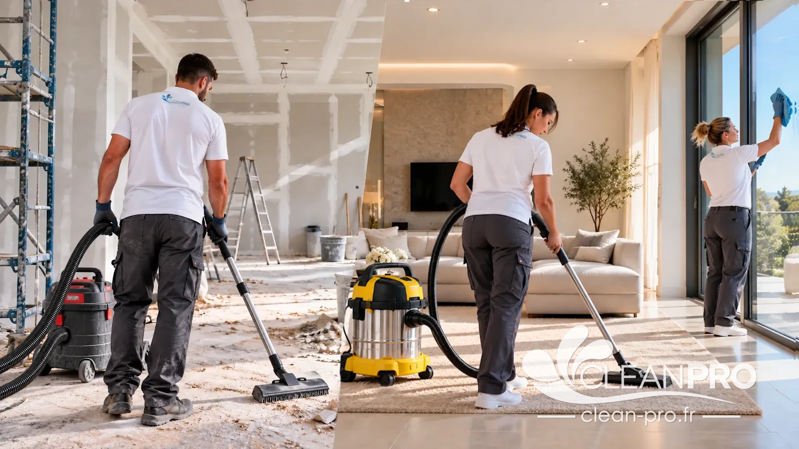 Équipe Clean Pro réalisant un nettoyage après travaux à Cannes