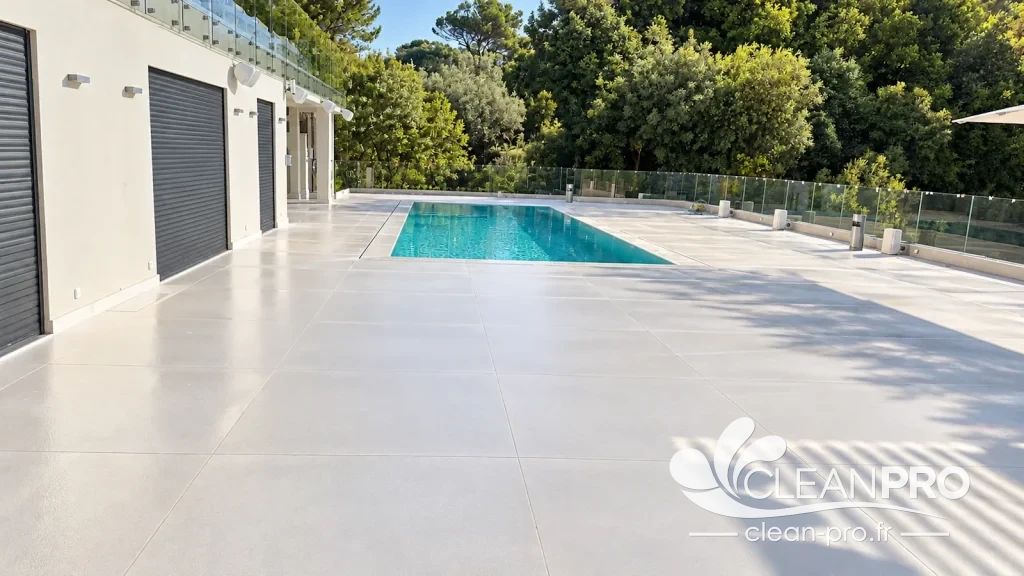 Carrelage en terre cuite rouge posé en chevrons sur une terrasse à Cannes, propre après nettoyage et entretien