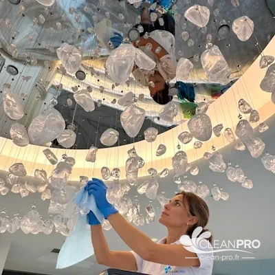 Lustres en cristal et luminaires de halls d'hôtels, de restaurants et de résidences, nettoyés à la main jusqu'à 7 mètres de hauteur.
