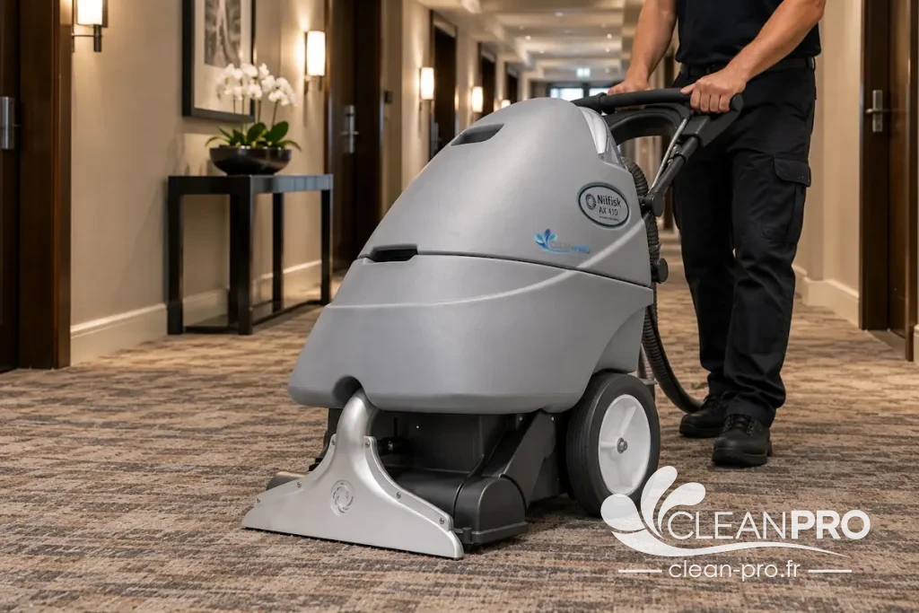 Nettoyage d'une moquette avec une monobrosse professionnelle à Nice