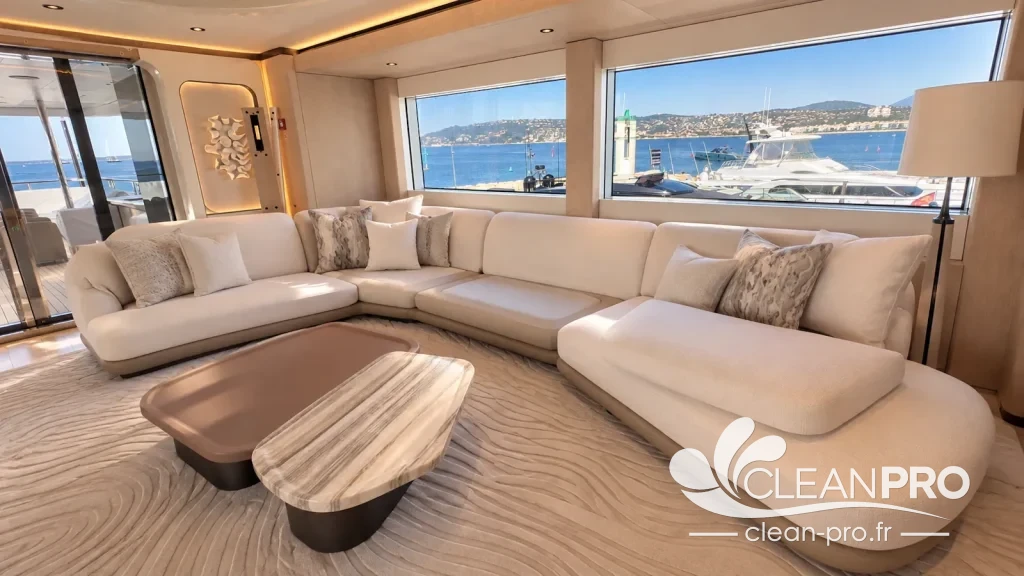 Salon de yacht de luxe avec canapés en tissu, moquette et mobilier en marbre sur la Côte d’Azur