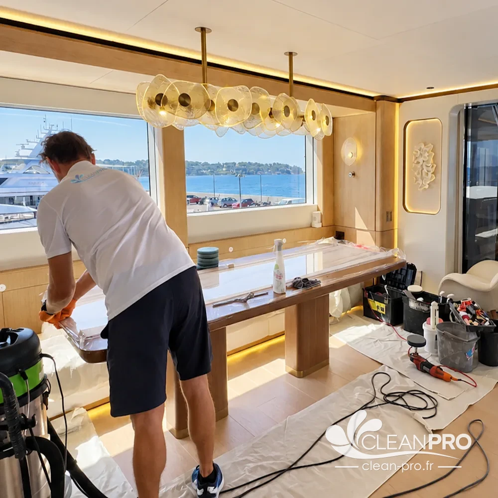 Technicien Clean Pro polissant le plateau en marbre d'une table dans le salon d'un yacht à Cannes, sol protégé par une bâche