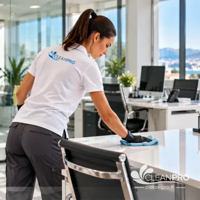 Employée Clean Pro réalisant le nettoyage de bureaux à Nice et Cannes