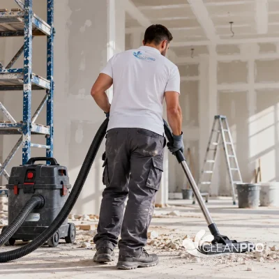 Nettoyage après travaux, aspiration de la poussière de chantier avec un aspirateur professionnel