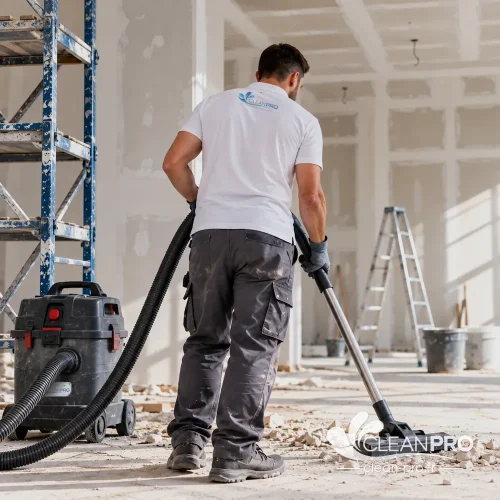 Nettoyage après travaux, aspiration de la poussière de chantier avec un aspirateur professionnel