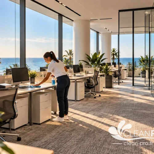 Bureaux propres et rangés après l'entretien régulier par Clean Pro à Cannes