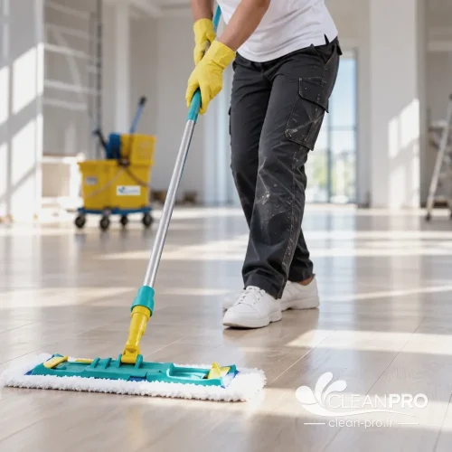 Lavage du sol en fin de chantier dans un logement rénové